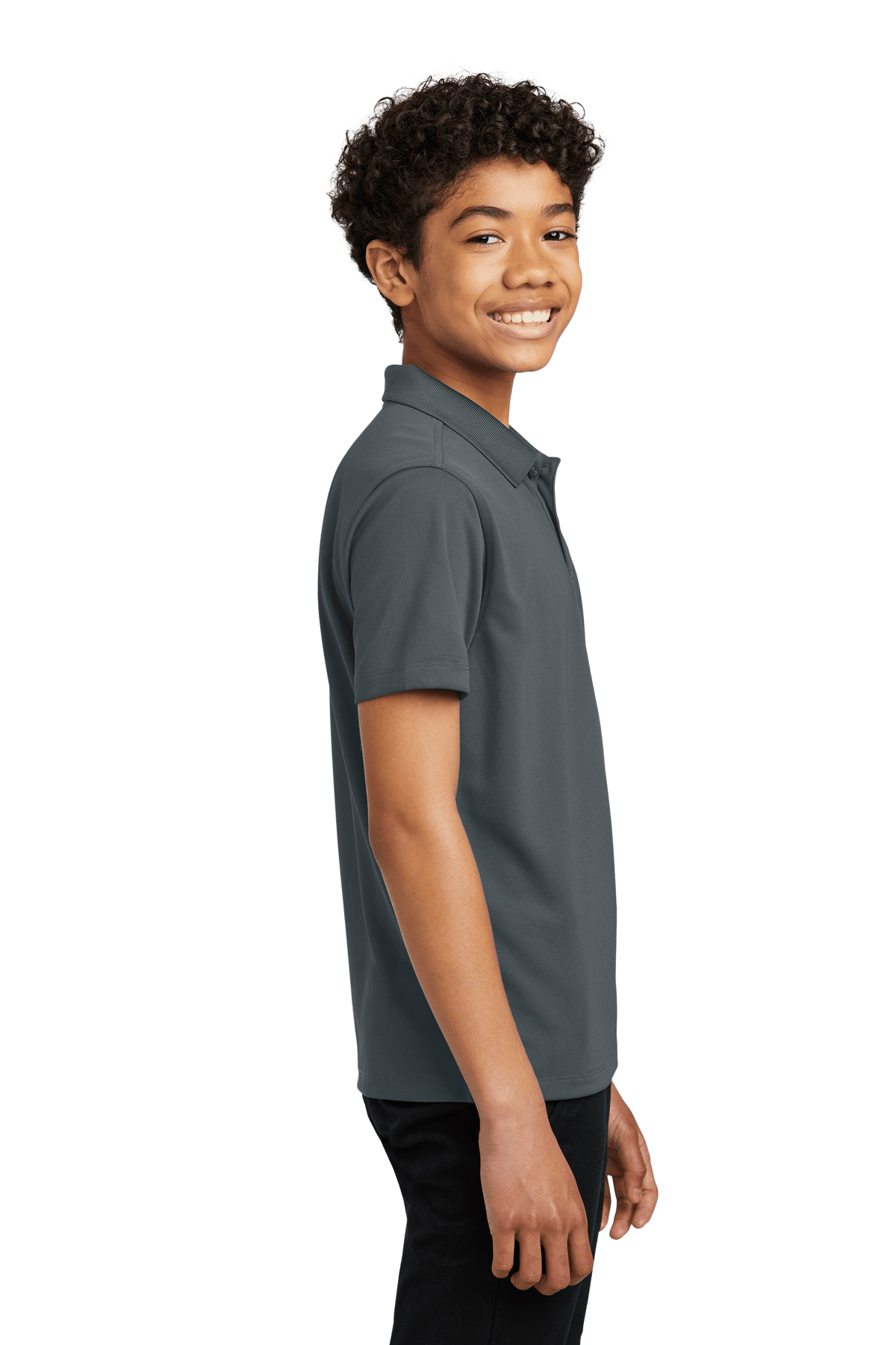 Youth Port Authority kids' charcoal grey polo shirt with colorful print, shown plain and customizable, perfect for casual wear.