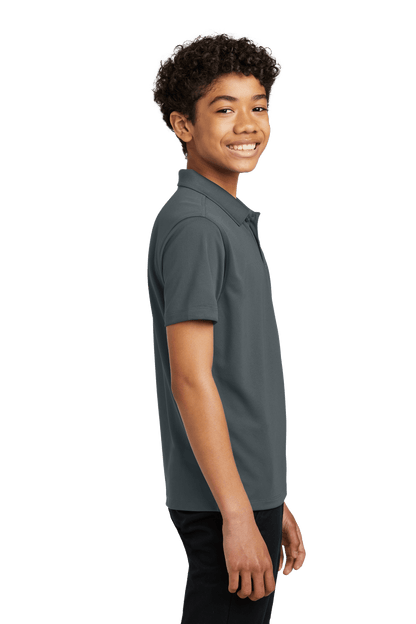 Youth Port Authority kids' charcoal grey polo shirt with colorful print, shown plain and customizable, perfect for casual wear.