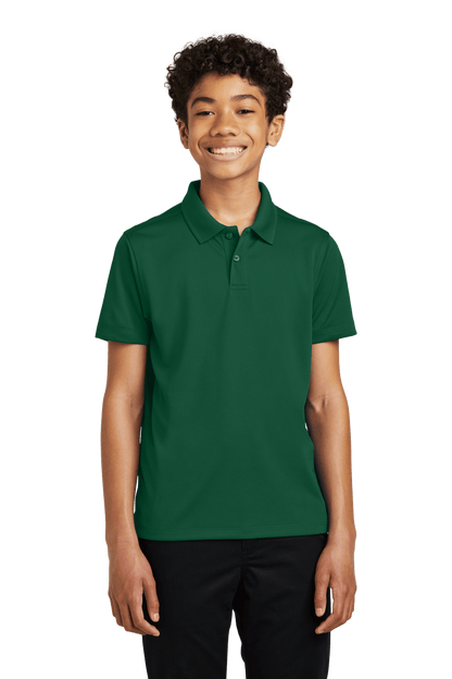 Youth Port Authority kids' polo shirt in forest green with printed design, available plain or customizable.