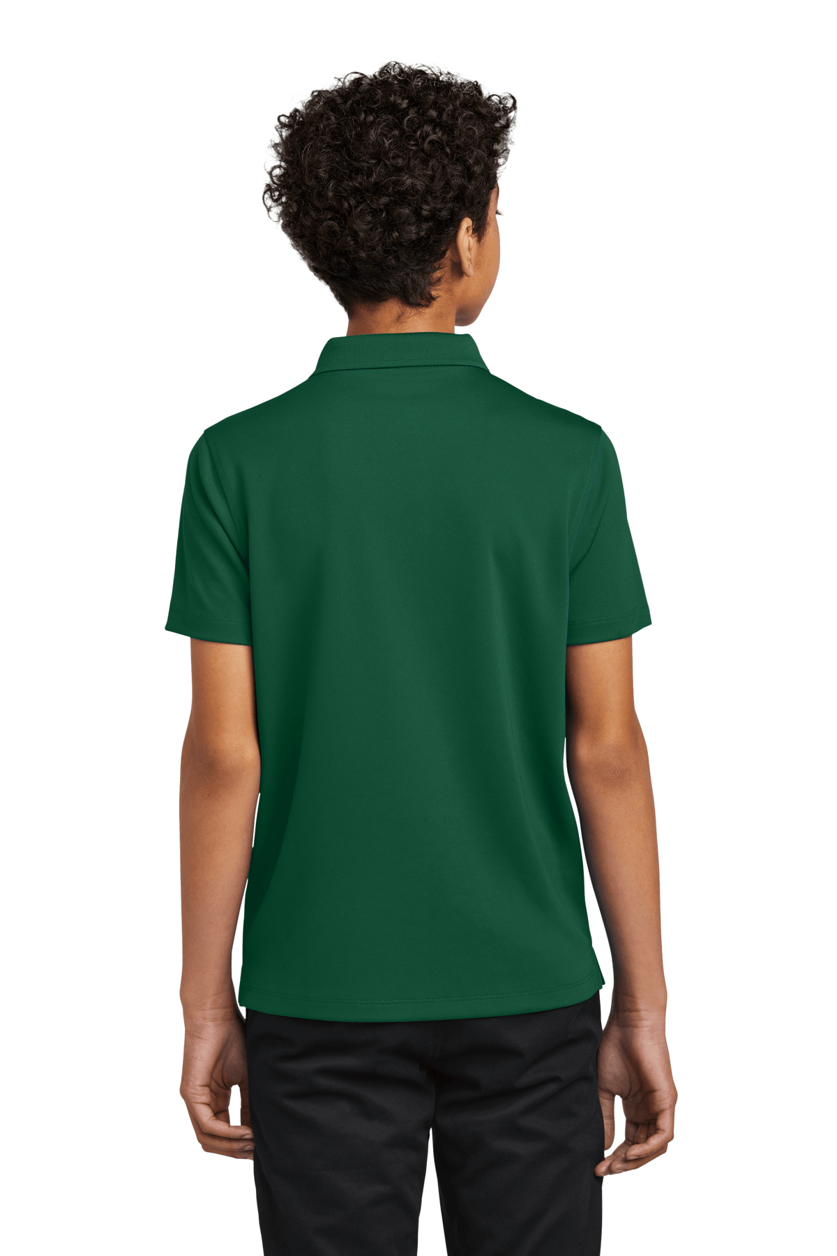 Youth Port Authority kids' polo shirt in forest green with printed design, shown from the back with options to customize or buy plain.