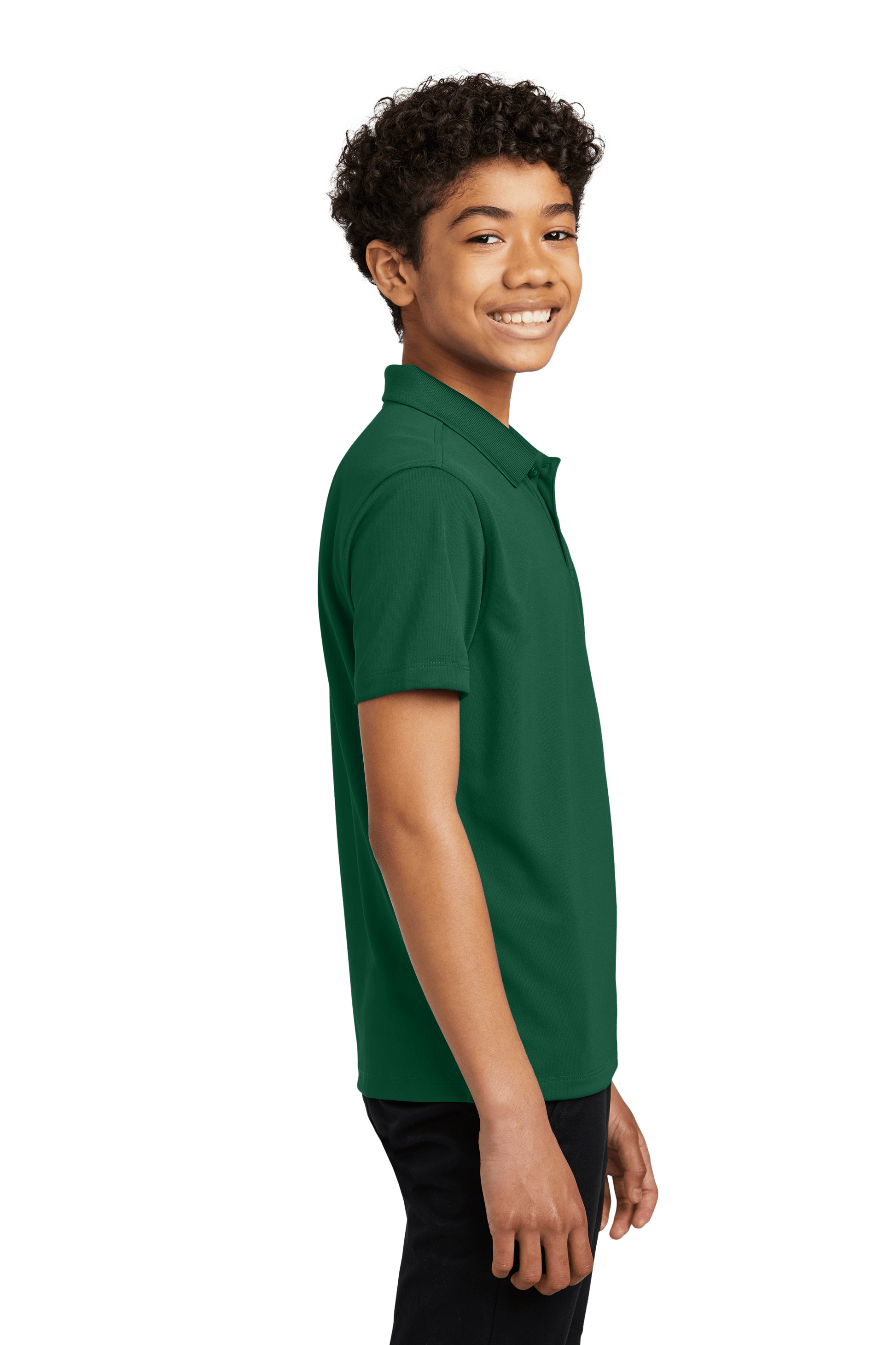 Youth Port Authority kids' polo shirt in forest green with a printed design, shown from the side view, customizable and available plain.