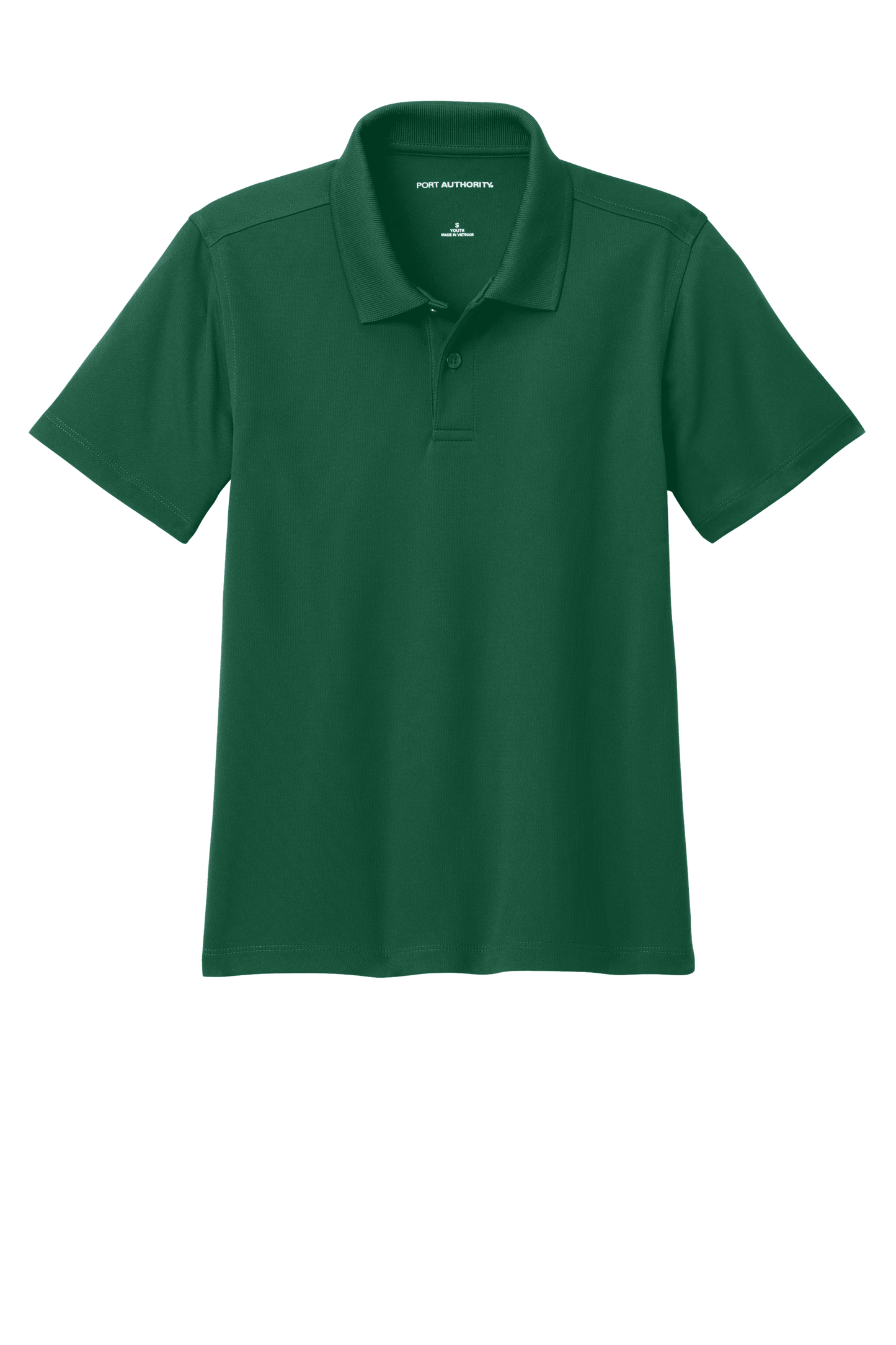Youth Port Authority kids' polo shirt in forest green with print design, available plain or customizable, front view.