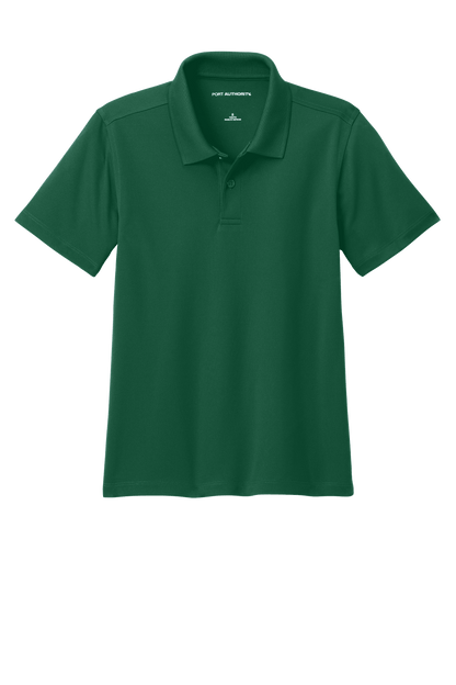 Youth Port Authority kids' polo shirt in forest green with print design, available plain or customizable, front view.