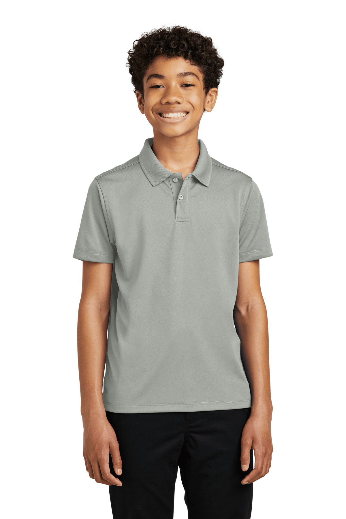 Youth Port Authority kids' grey polo shirt with printed design, available plain or customizable for personalized style.