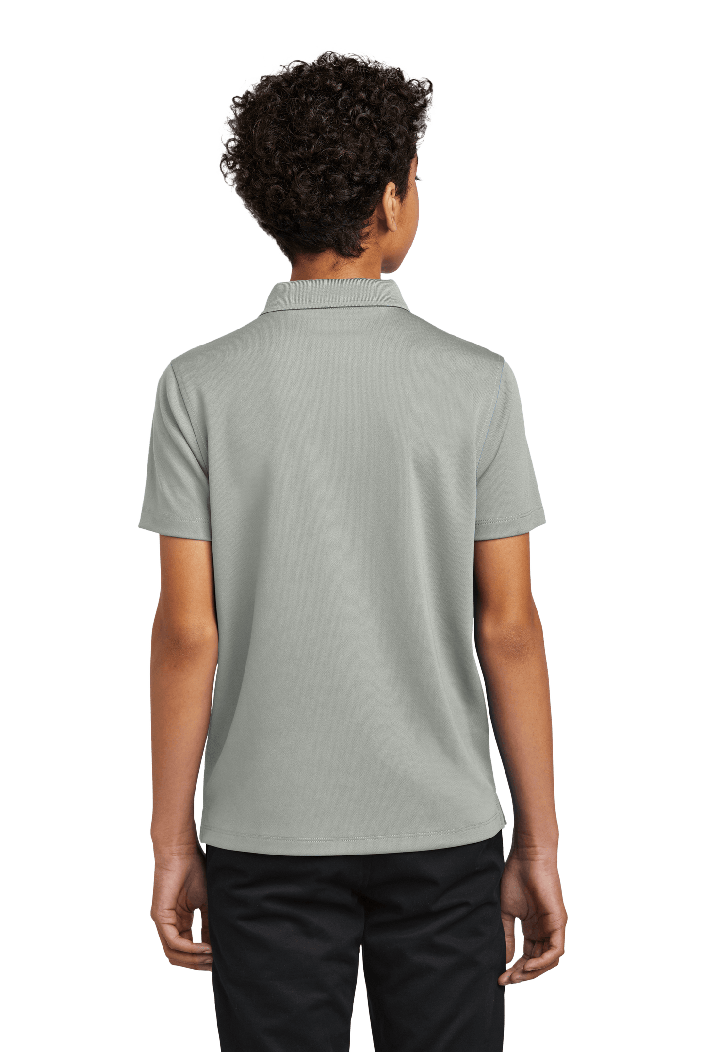 Gray youth Port Authority polo shirt with printed design, shown from the back, available for customization or plain.