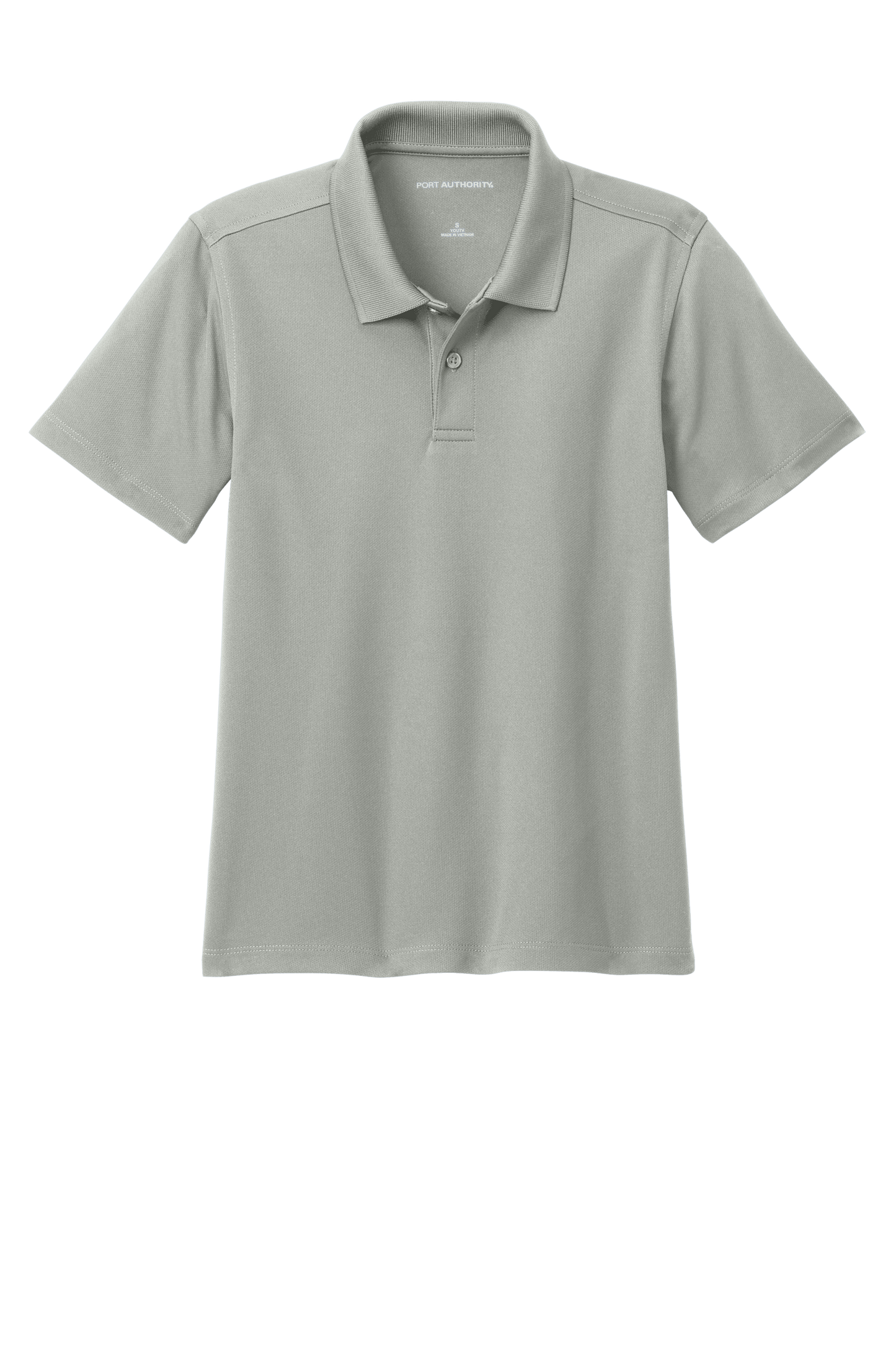 Gray youth kids' polo shirt by Port Authority with printed design, shown both plain and customizable front view.
