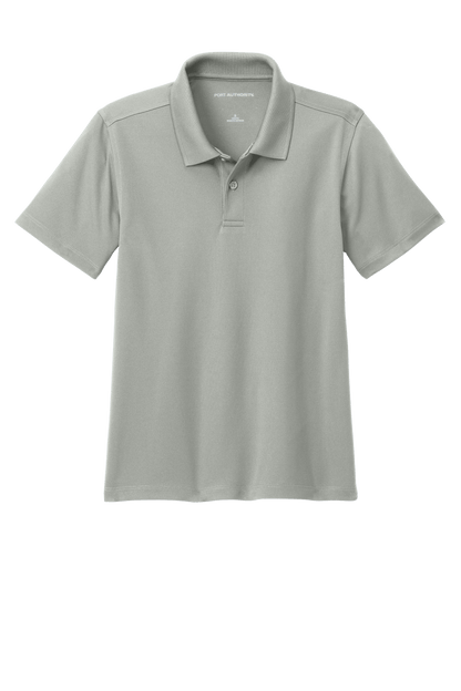 Gray youth kids' polo shirt by Port Authority with printed design, shown both plain and customizable front view.