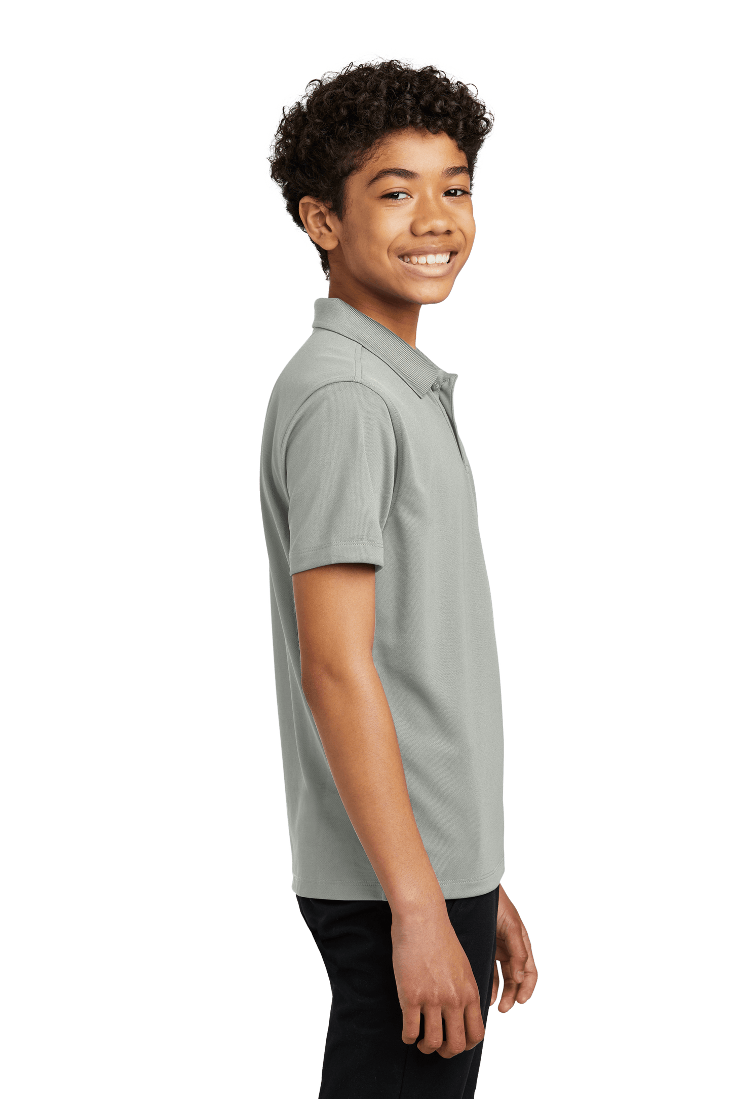 Gray youth kids' polo shirt by Port Authority with a printed design, available plain or customizable for personalized style.