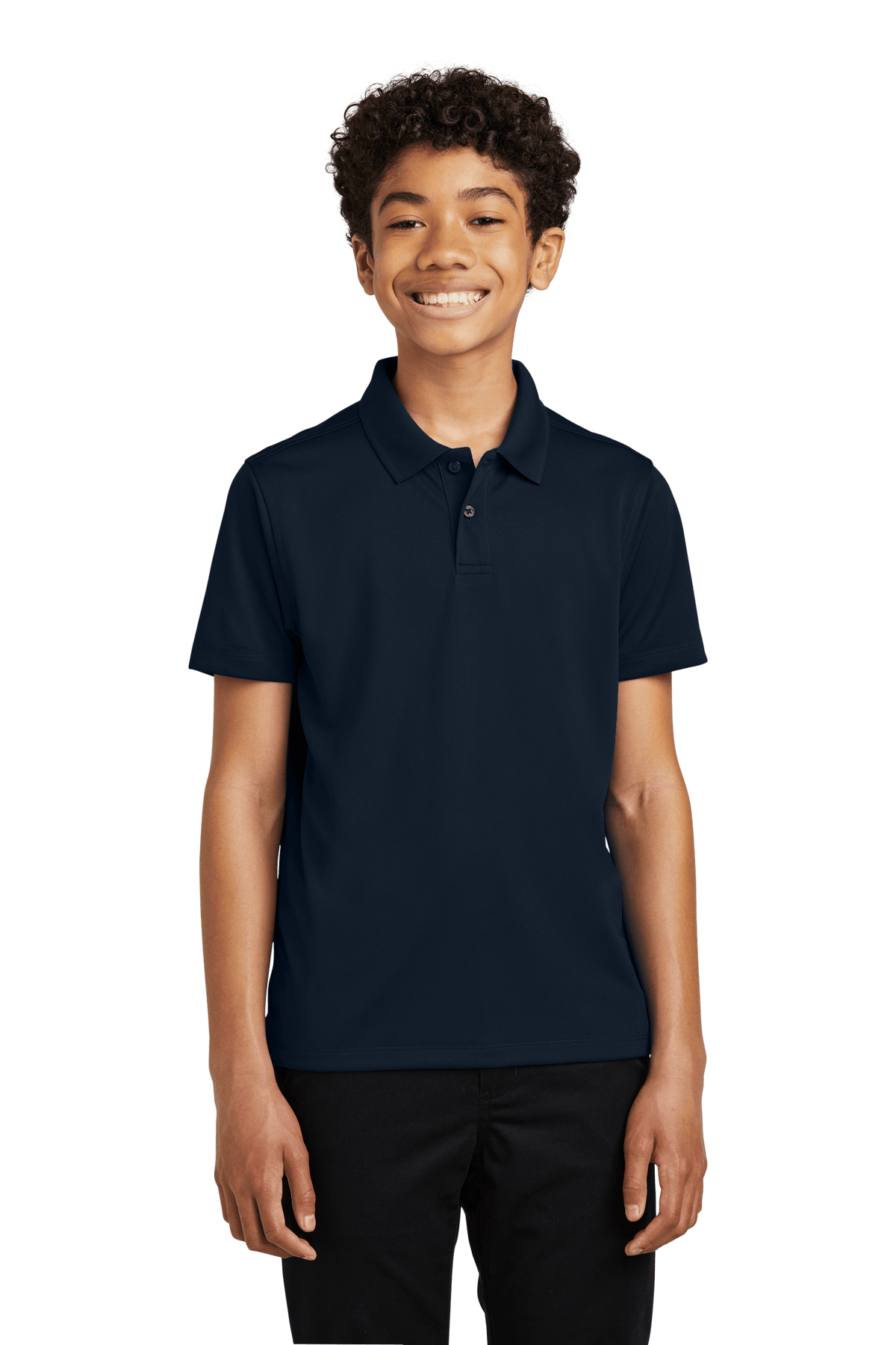 Navy youth kids' polo shirt by Port Authority with printed design, shown in plain and customizable options.