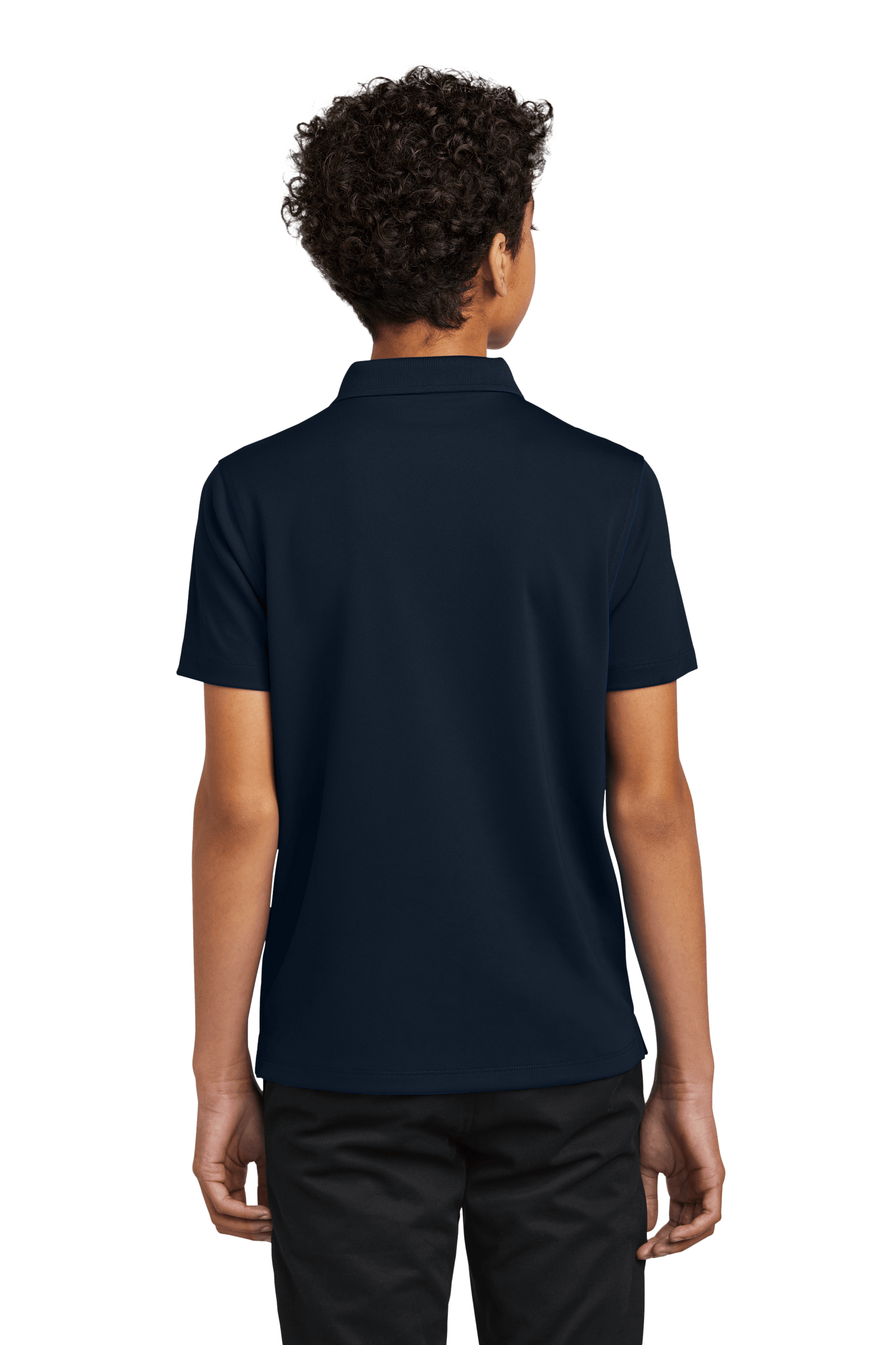 Navy youth kids' polo shirt by Port Authority with printed design, shown from the back in a print view for customization or plain option.
