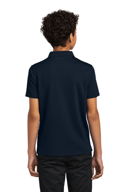 Navy youth kids' polo shirt by Port Authority with printed design, shown from the back in a print view for customization or plain option.