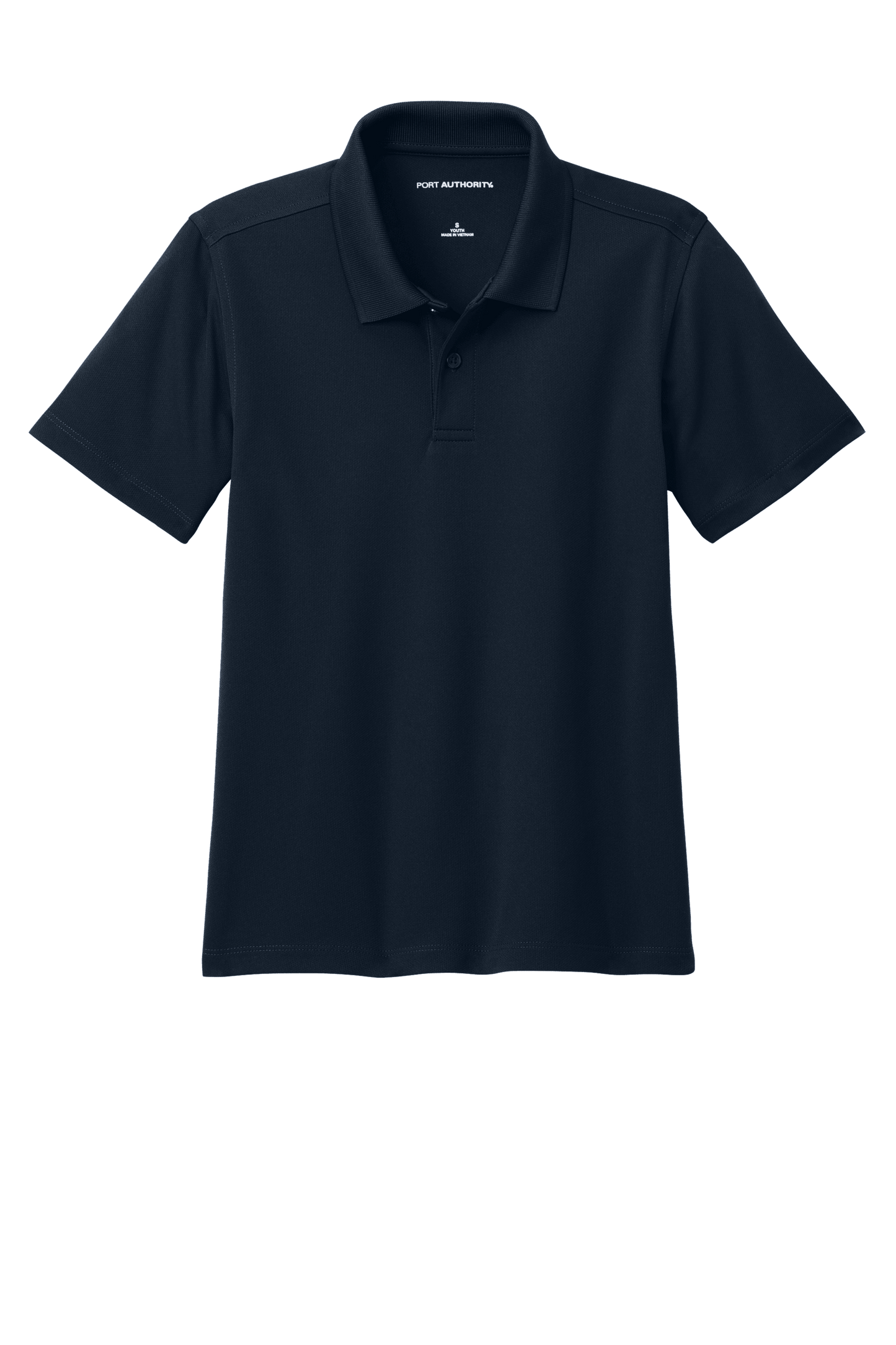 Youth Port Authority navy polo shirt with colorful print design, shown plain and customizable front view.