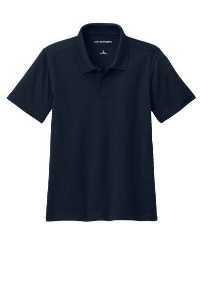 Youth Port Authority navy polo shirt with colorful print design, shown plain and customizable front view.
