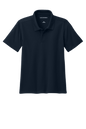 Youth Port Authority navy polo shirt with colorful print design, shown plain and customizable front view.
