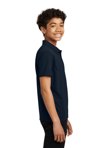 Navy youth kids' polo shirt by Port Authority with printed design, available plain or customizable, shown with print view.