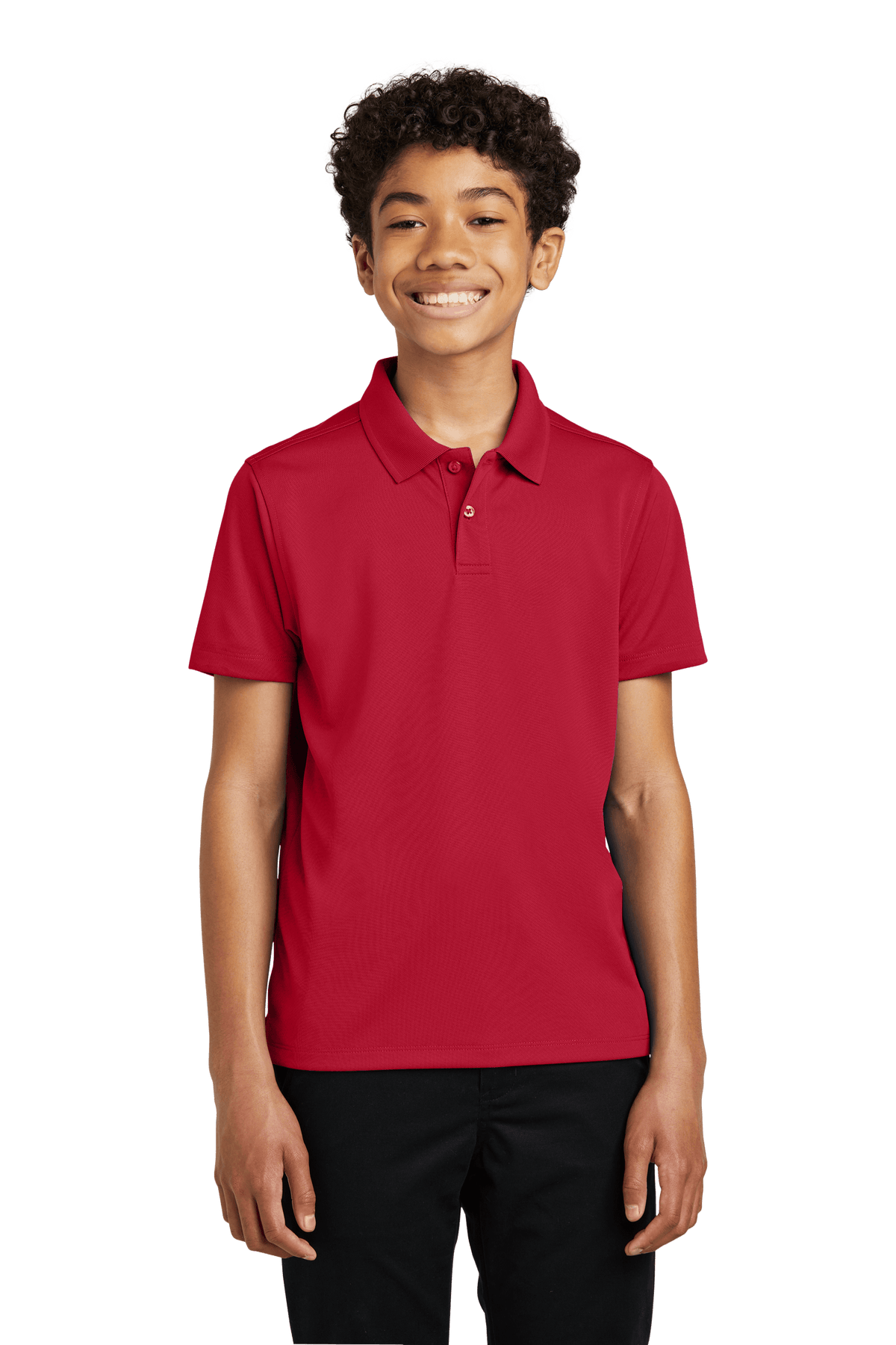 Red youth Port Authority polo shirt with printed design, displayed flat for customization and plain options.