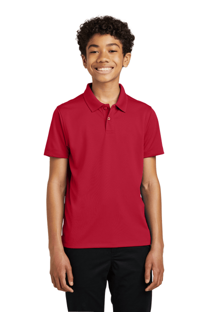 Red youth Port Authority polo shirt with printed design, displayed flat for customization and plain options.
