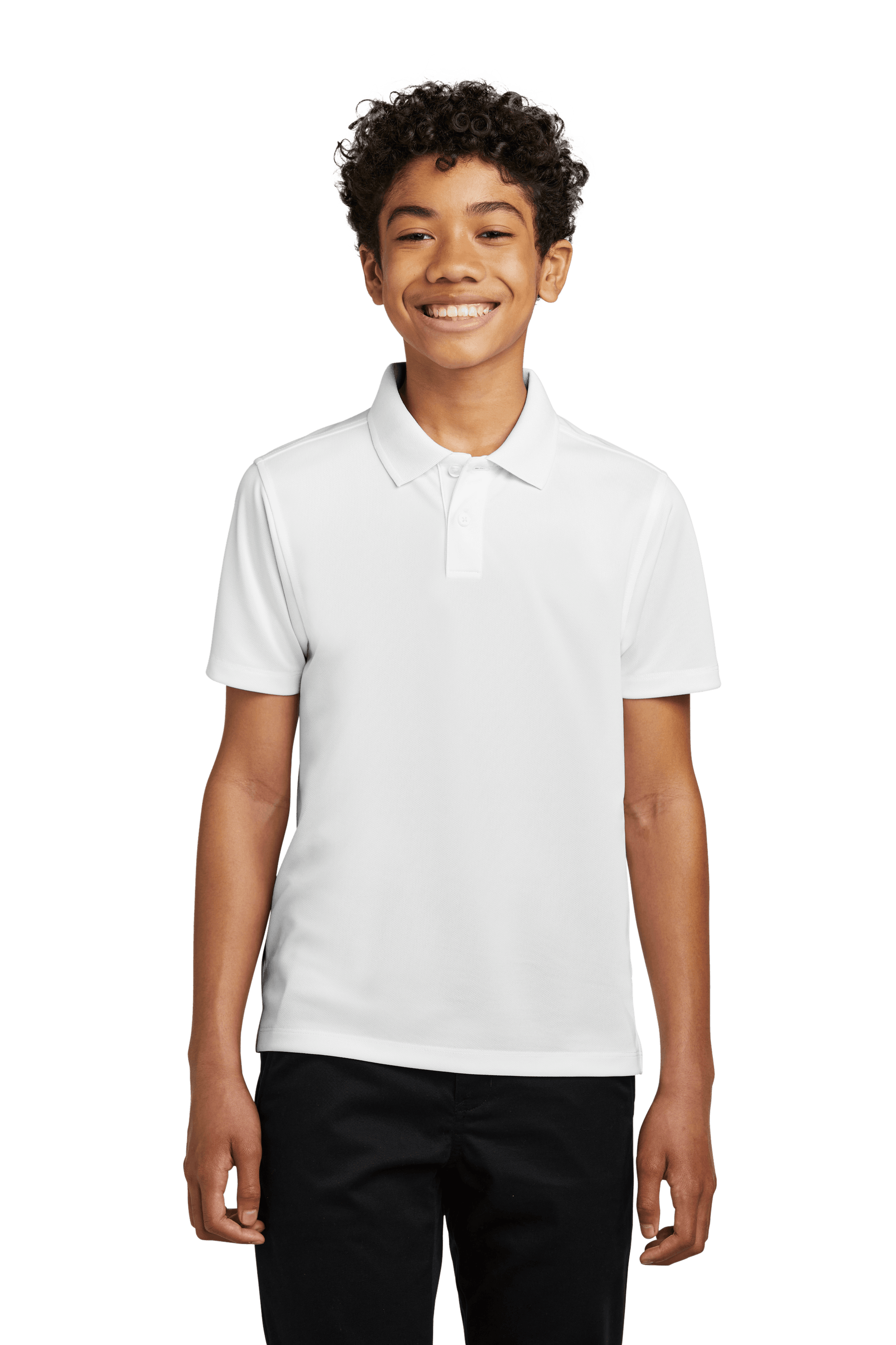 Youth Port Authority kids' polo shirt in white with printed design, available plain or customizable for personalized style.