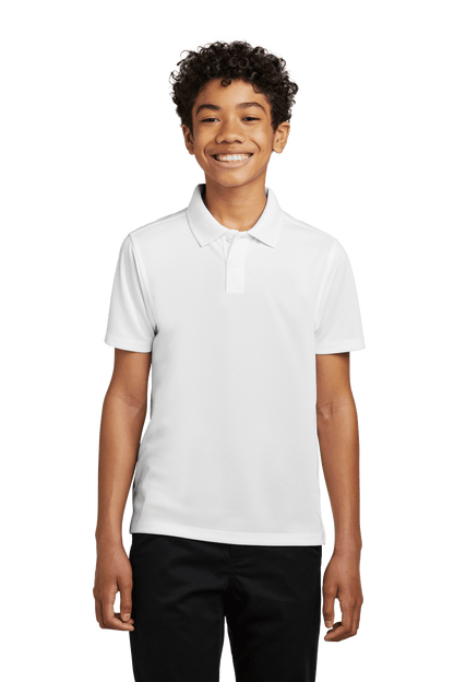 Youth Port Authority kids' polo shirt in white with printed design, available plain or customizable for personalized style.