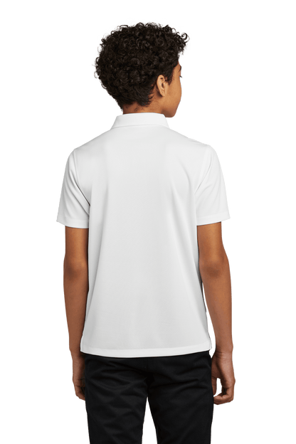 White Port Authority youth kids' polo shirt with printed design, shown from the back, available for customization or plain.