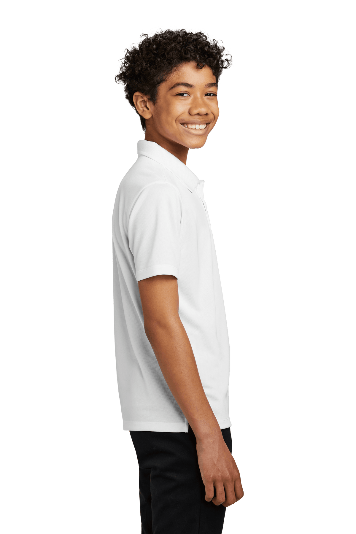 White youth kid's polo shirt by Port Authority with printed design, shown from side view, available for customization or plain.