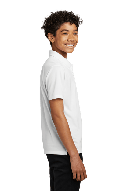White youth kid's polo shirt by Port Authority with printed design, shown from side view, available for customization or plain.