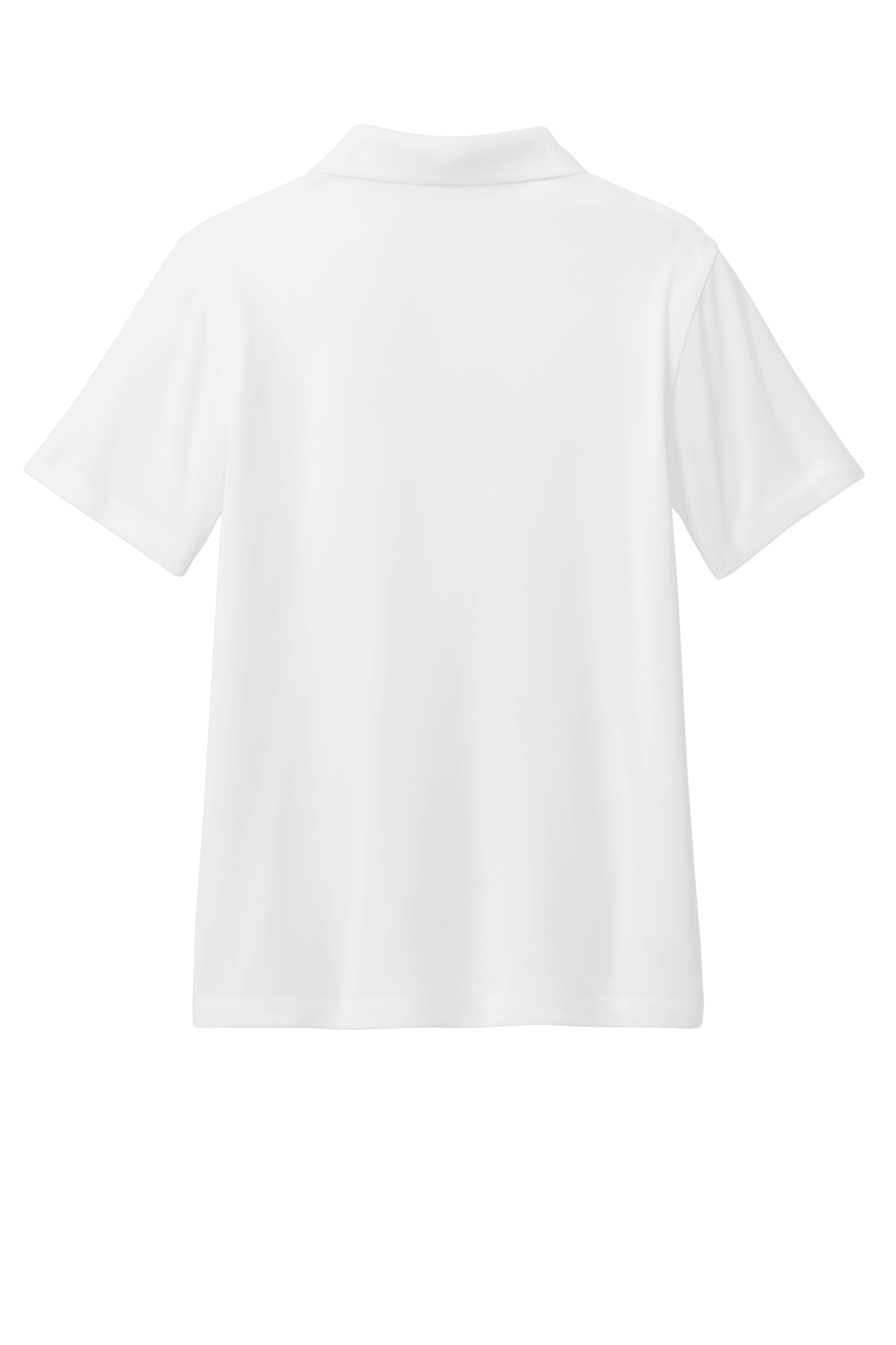 White youth Port Authority polo shirt with colorful print, shown from the back, available for customization or plain purchase.
