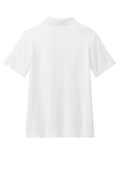 White youth Port Authority polo shirt with colorful print, shown from the back, available for customization or plain purchase.