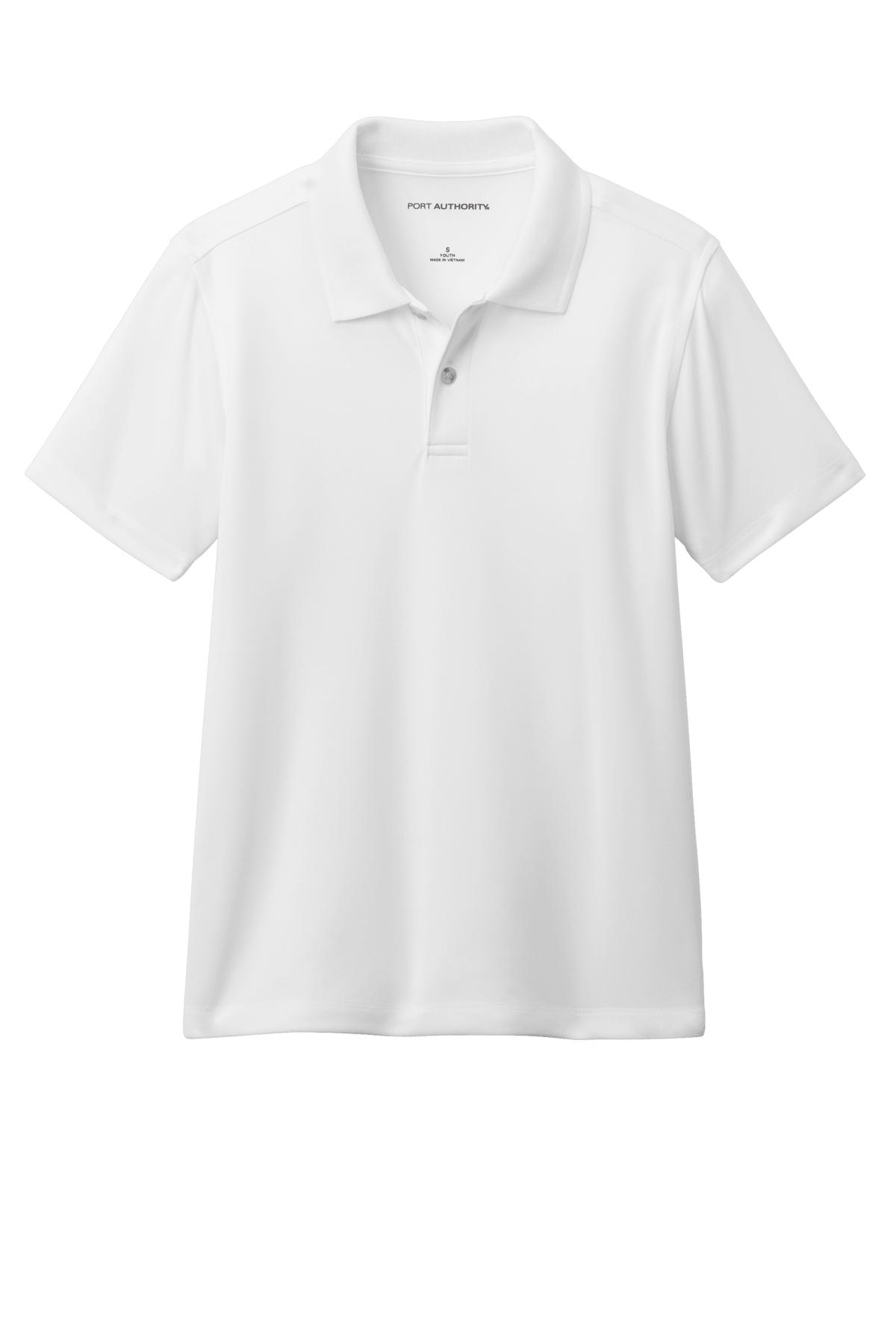 White youth kids' polo shirt by Port Authority with printed design, available plain or customizable, front view image.