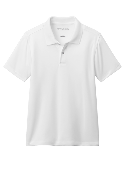 White youth kids' polo shirt by Port Authority with printed design, available plain or customizable, front view image.
