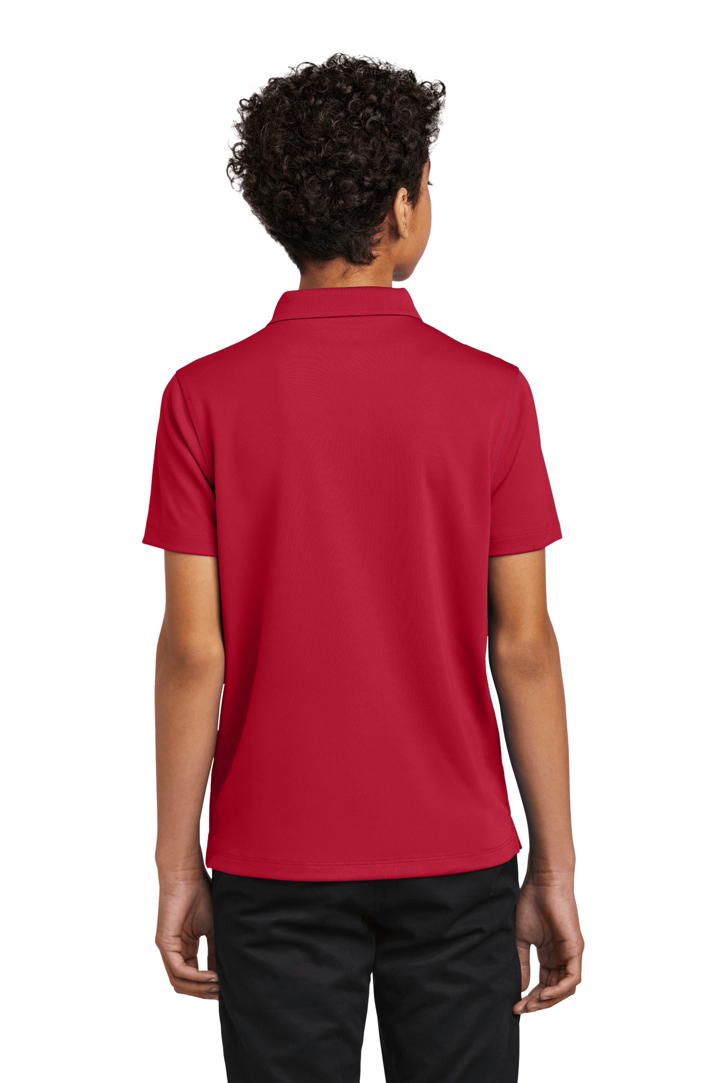 Red Port Authority kids' polo shirt with print design, shown from the back, customizable with options for plain or personalized styles.