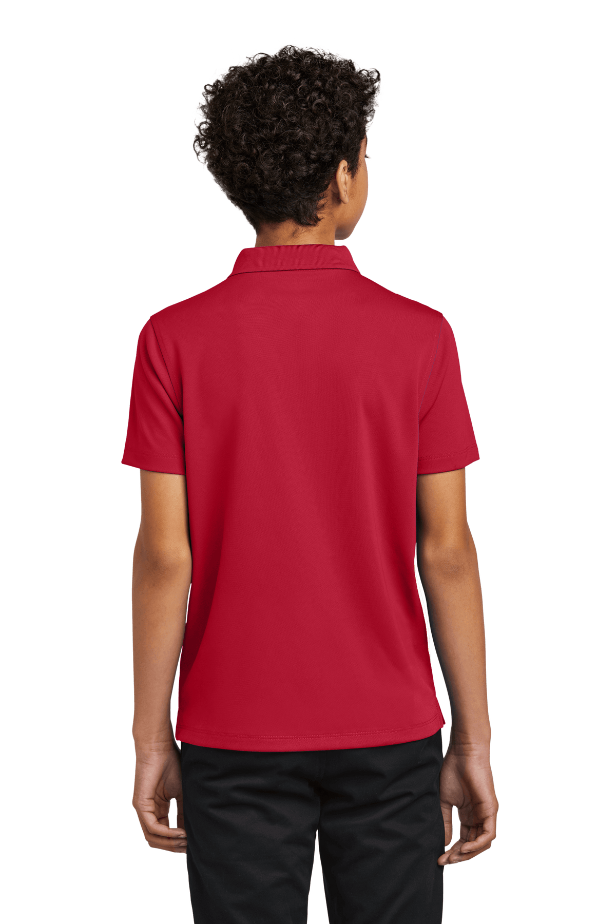 Red Port Authority kids' polo shirt with print design, shown from the back, customizable with options for plain or personalized styles.