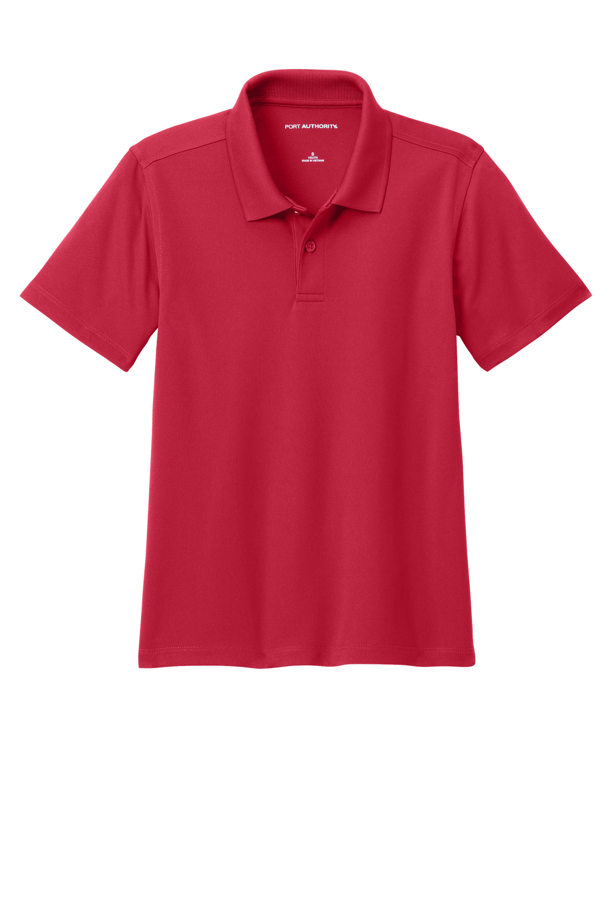 Red Port Authority youth kids' polo shirt with printed design, shown plain and customizable front view.