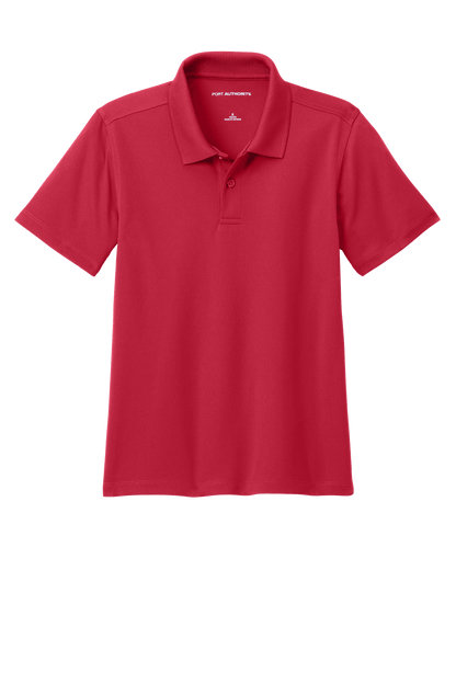 Red Port Authority youth kids' polo shirt with printed design, shown plain and customizable front view.