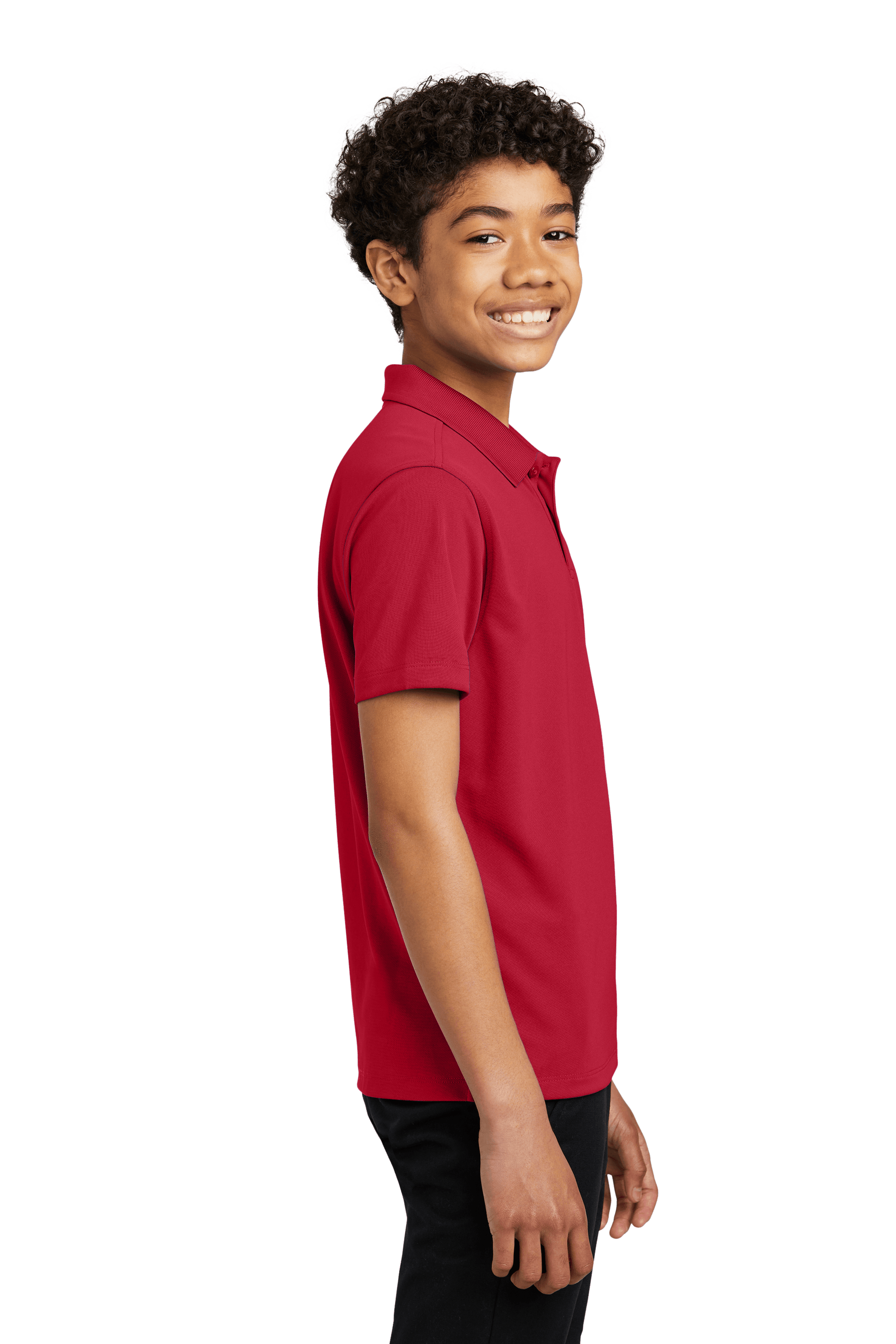 Red Port Authority kids' polo shirt with printed design, available plain or customizable, shown in a front view for youth or kids.