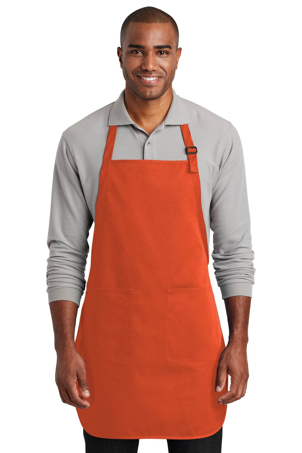 Orange personalized cooking apron from Port Authority, ideal for BBQ, kitchen, or gift occasions with custom print design.