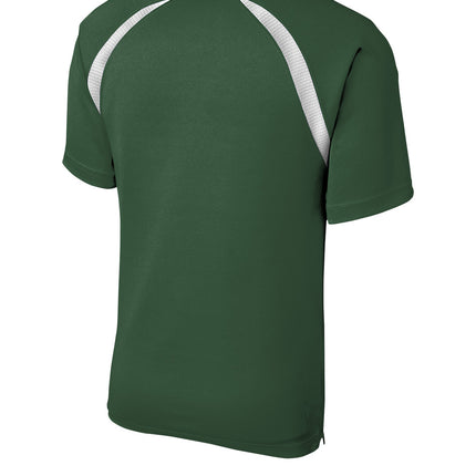  Custom Dry Zone colorblock raglan polo, forest green/white, back view, raglan mesh insets.