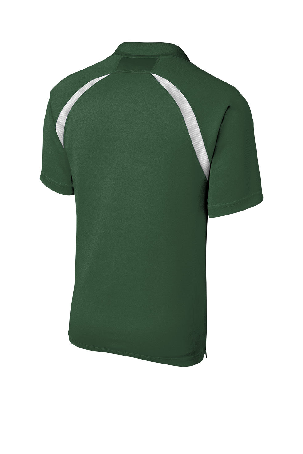 Back view of Print-View men's Custom Dry Zone Colorblock Raglan Polo in forest green and white fabric.