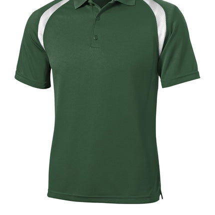 Custom Dry Zone colorblock raglan polo, forest green/white, front view, performance polo.