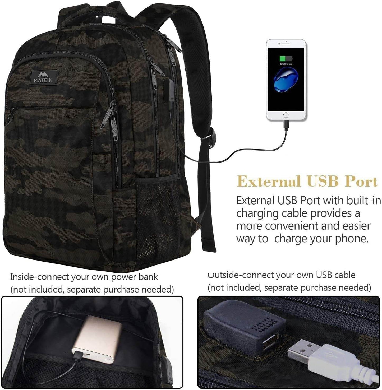 Matein travel backpack with USB charging port, water-resistant design, suitable for students, fits 15.6-inch laptops, customizable option.