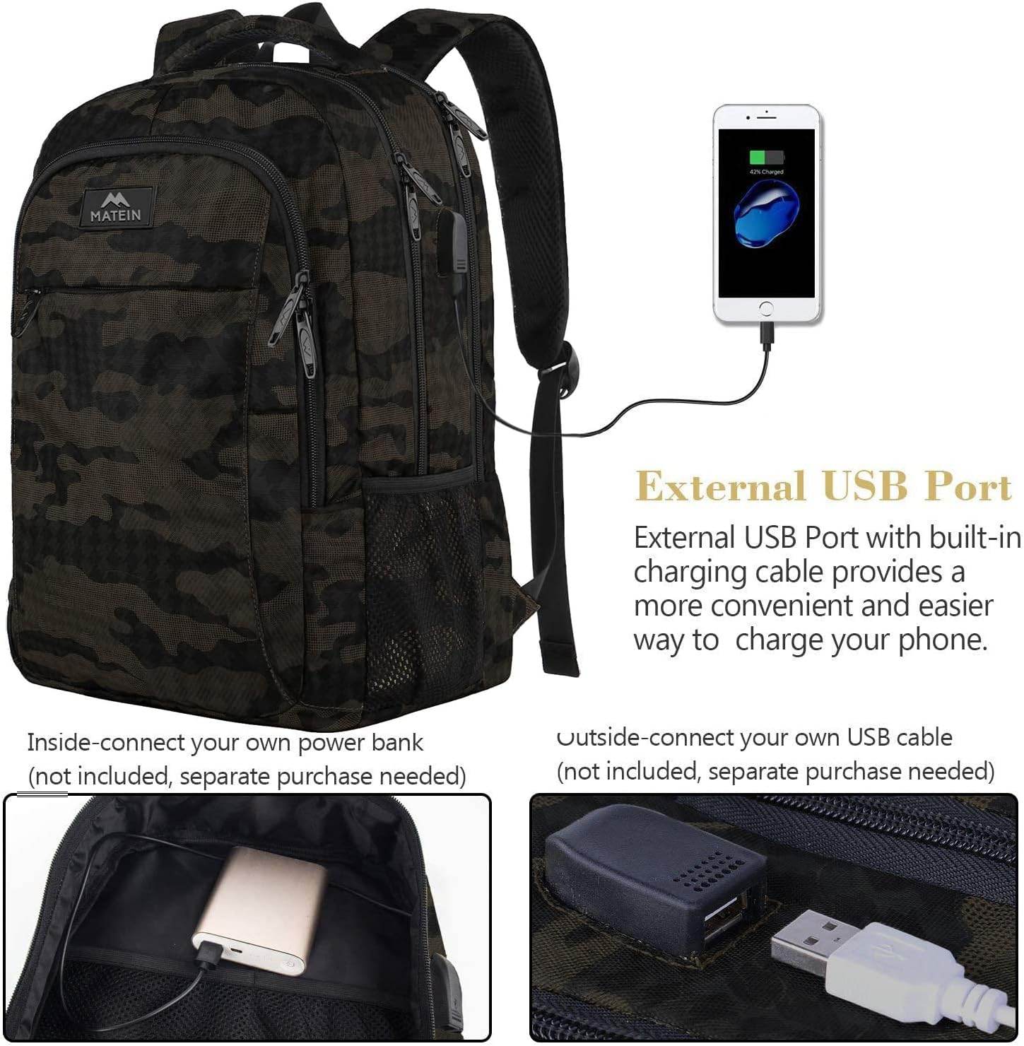 Matein travel backpack with USB charging port, water-resistant design, suitable for students, fits 15.6-inch laptops, customizable option.