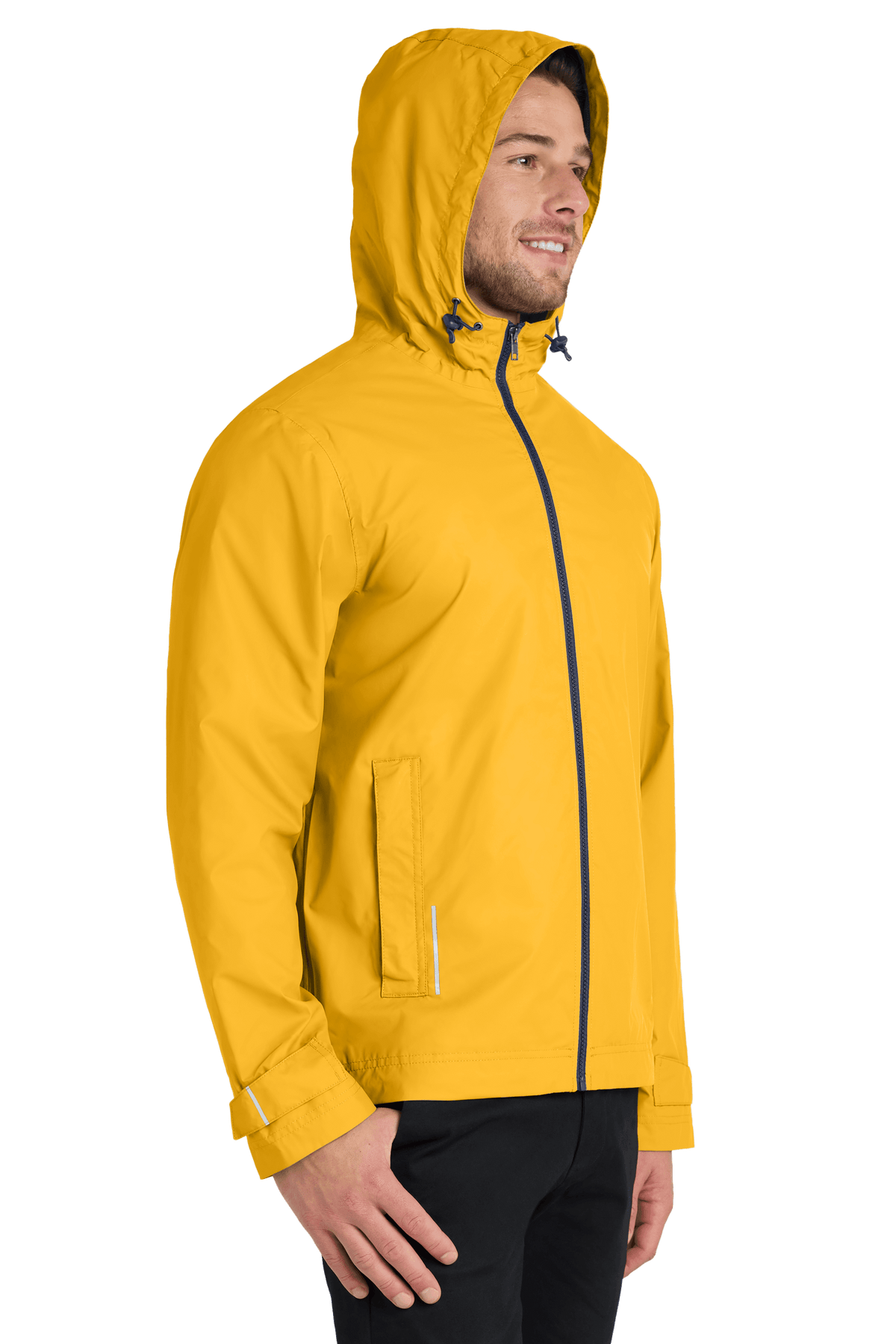 Yellow waterproof rain jacket by Port Authority with printed design, shown in its print view for customization options.