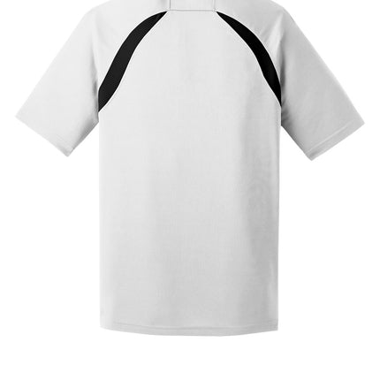 Custom Dry Zone colorblock raglan polo, white/black, back view, mesh insets for airflow.