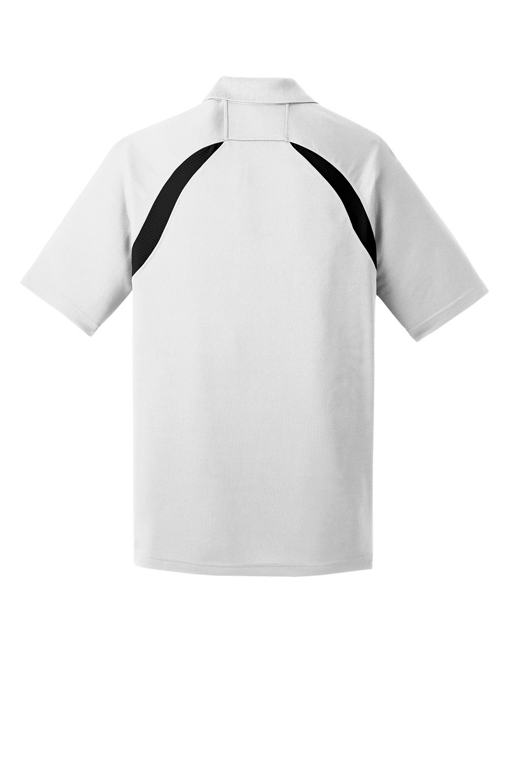 Men's white and black colorblock raglan polo shirt by Print-View, shown from the back in a flat view.