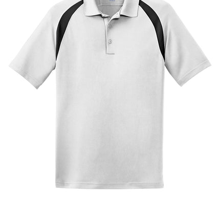Custom Dry Zone colorblock raglan polo, white/black, front view, tag-free comfort