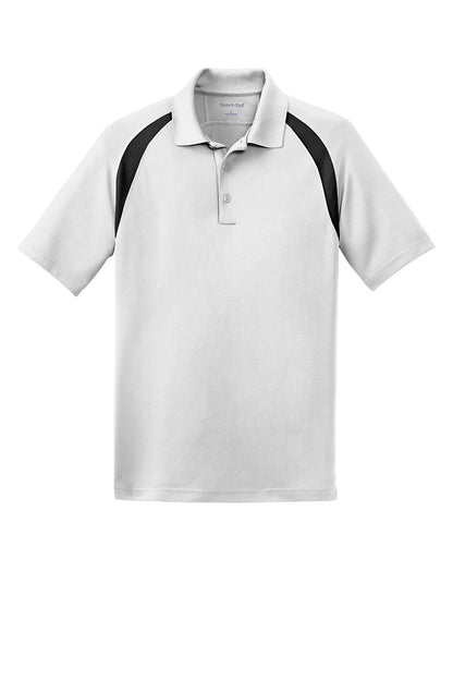 Men's white and black colorblock raglan polo shirt by Print-View, shown flat front view.