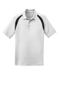 Men's white and black colorblock raglan polo shirt by Print-View, shown flat front view.