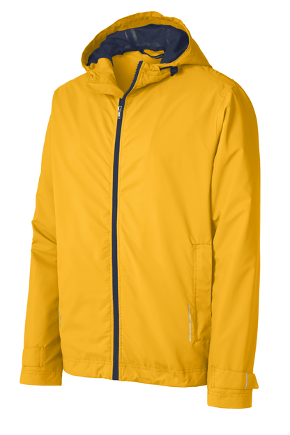 Yellow waterproof rain jacket by Port Authority with printed design, shown in front view, ideal for customizable rain jacket options.