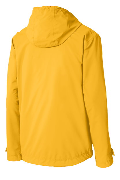 Yellow Port Authority waterproof rain jacket with a printed design, shown from the front view, suitable for customization.