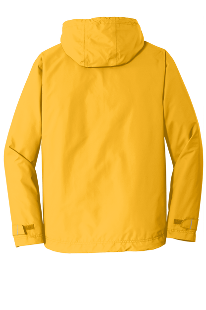Yellow Port Authority waterproof rain jacket with printed design, showing the waterproof fabric and adjustable hood.